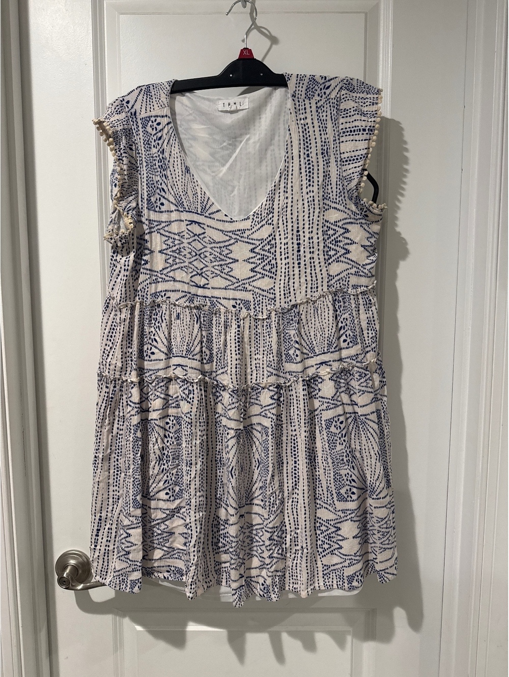 THML Women's Blue and White Printed Sleeveless Dress Size L